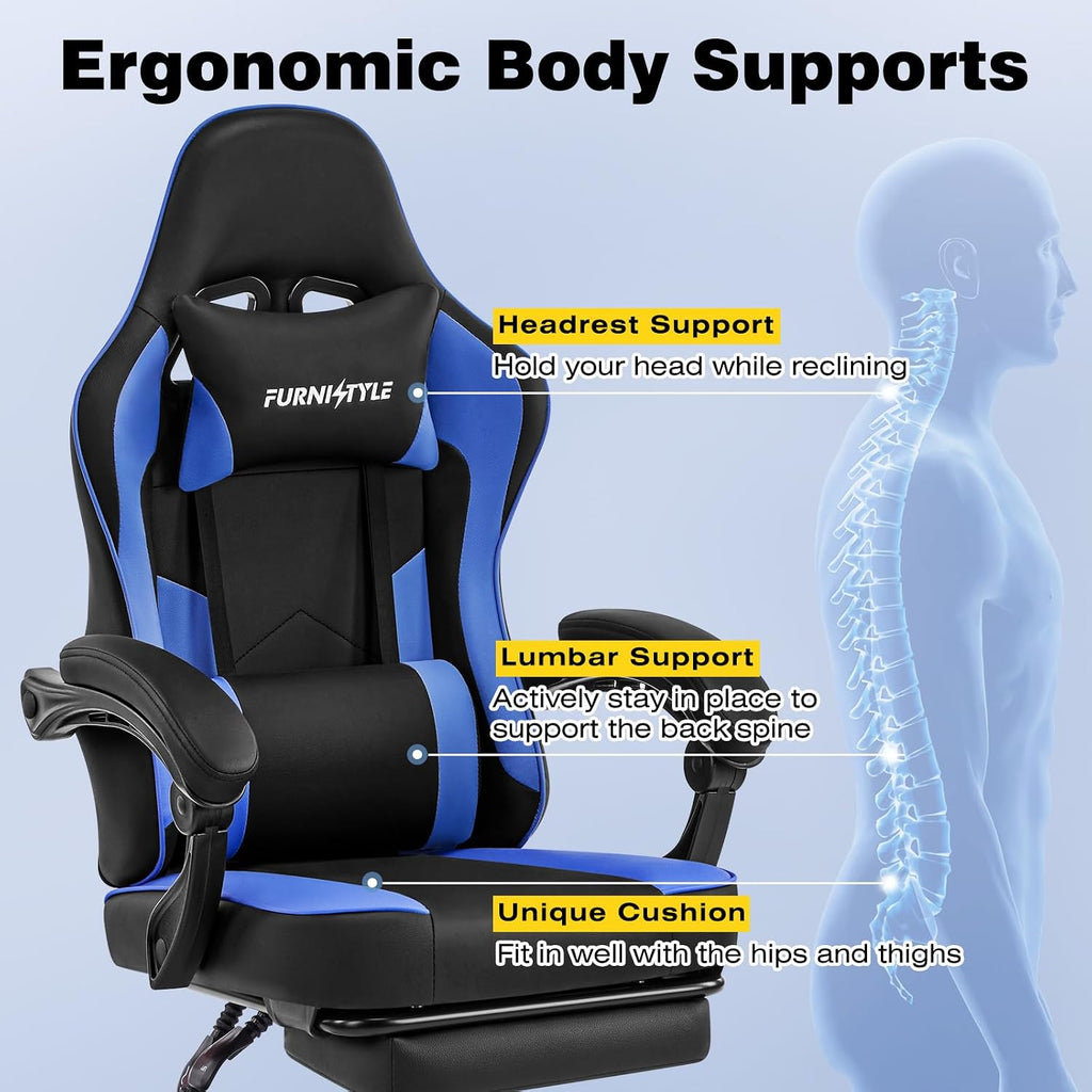 Gaming Chair with Footrest, Comfy Video Game Chairs for Adults Boys with Adjustable Lumbar Support, Linkage Armrests, Reclining Ergonomic Computer Chair for Gaming Office, 360°Swivel, Blue