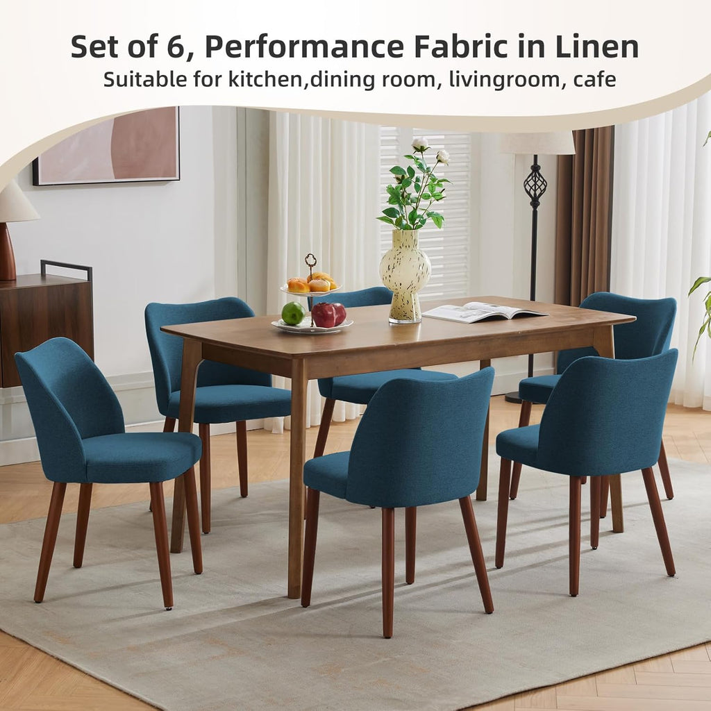 Dining Chair Set of 4, Linen Upholstered Dining Chair with Wood Legs, Wing Backrest, Wooden Kitchen Chair, Kitchen Chairs with Thick Cushions for Dining Room, Living Room, Blue