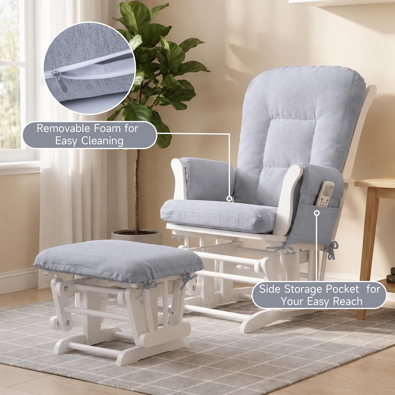 Boshen 5PCS Glider Rocker Replacement Cushions with Ottoman Cover, 3.5" Thick High Back Rocking Chair Cushion Set with Side Pockets for Indoor Nursery Glider Chair, Washable and Non Slip, Grsy