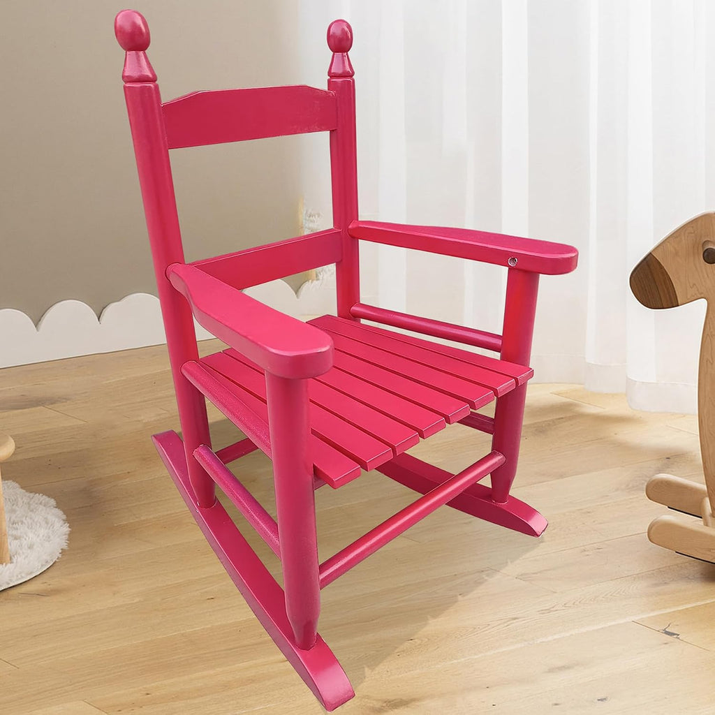 HRVEOCEI Kids Rocking Chair Ages 3-5, Wooden Porch Rocker with Slatted Back Support for Living Room Indoor & Outdoor, Easy Assembly, 110 LBS Capacity (Rose Red)