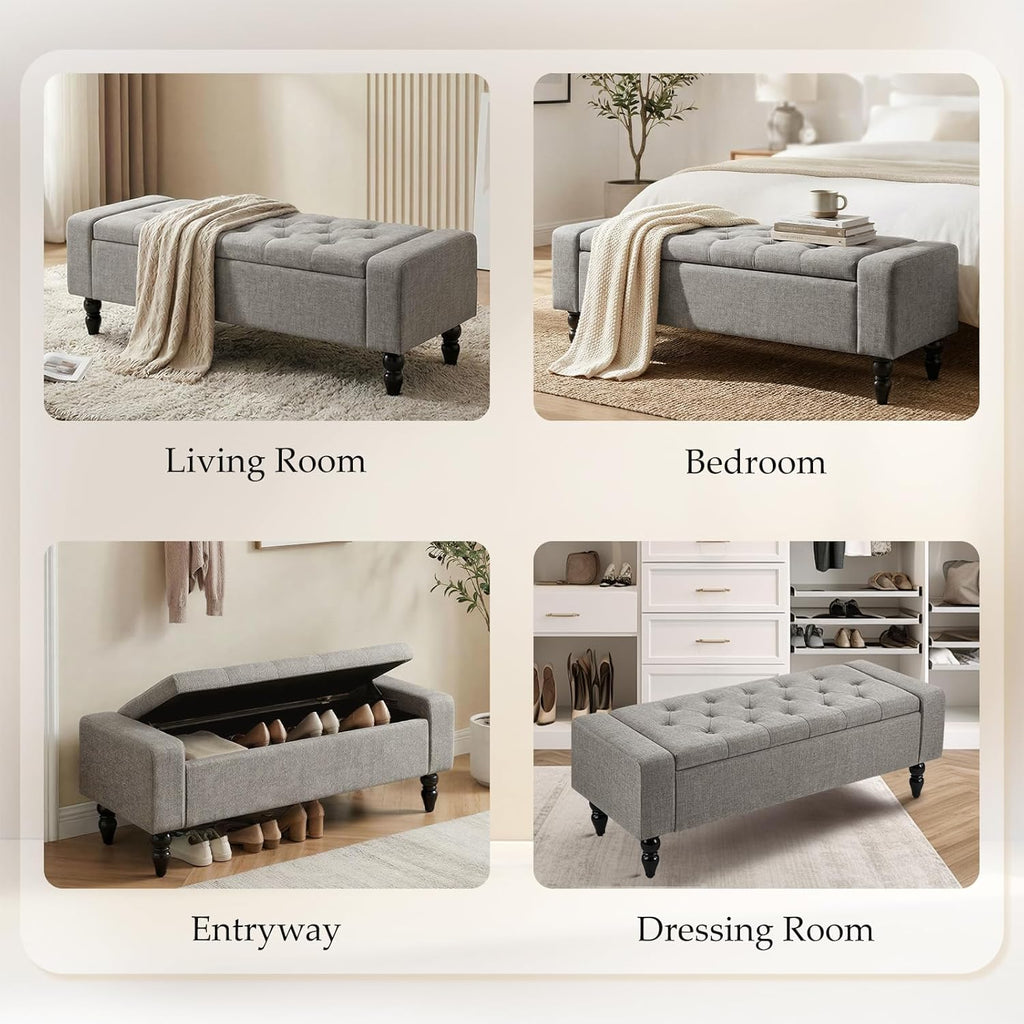 Storage Bench for End of Bed, 47 Inch Upholstered Storage Ottoman Bench with Removable Lid, Diamond Tufted Hidden Storage Bench for Bedroom, Entryway Bench with Solid Wood Legs, Gray