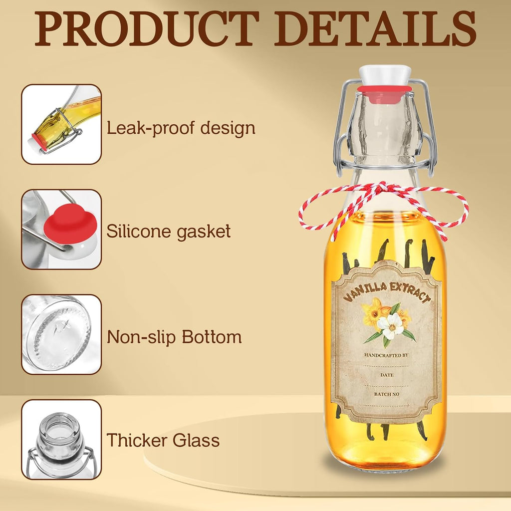 10 Pack Swing Top Glass Vanilla Extract Bottles 8 oz with Lids, Vanilla Extract Labels and Funnel, Glass Boston Bottles for Syrup Gift, Flip Top Jars