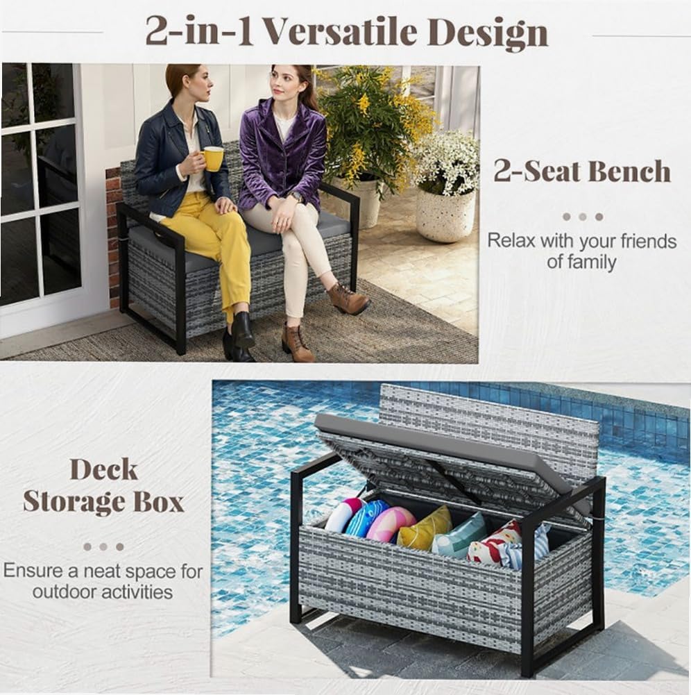 Gray Rustic Rattan Outdoor Storage Bench 40 Gal 800lb Load UV-Resistant 43.5in Seat Cushion Liner for Garden