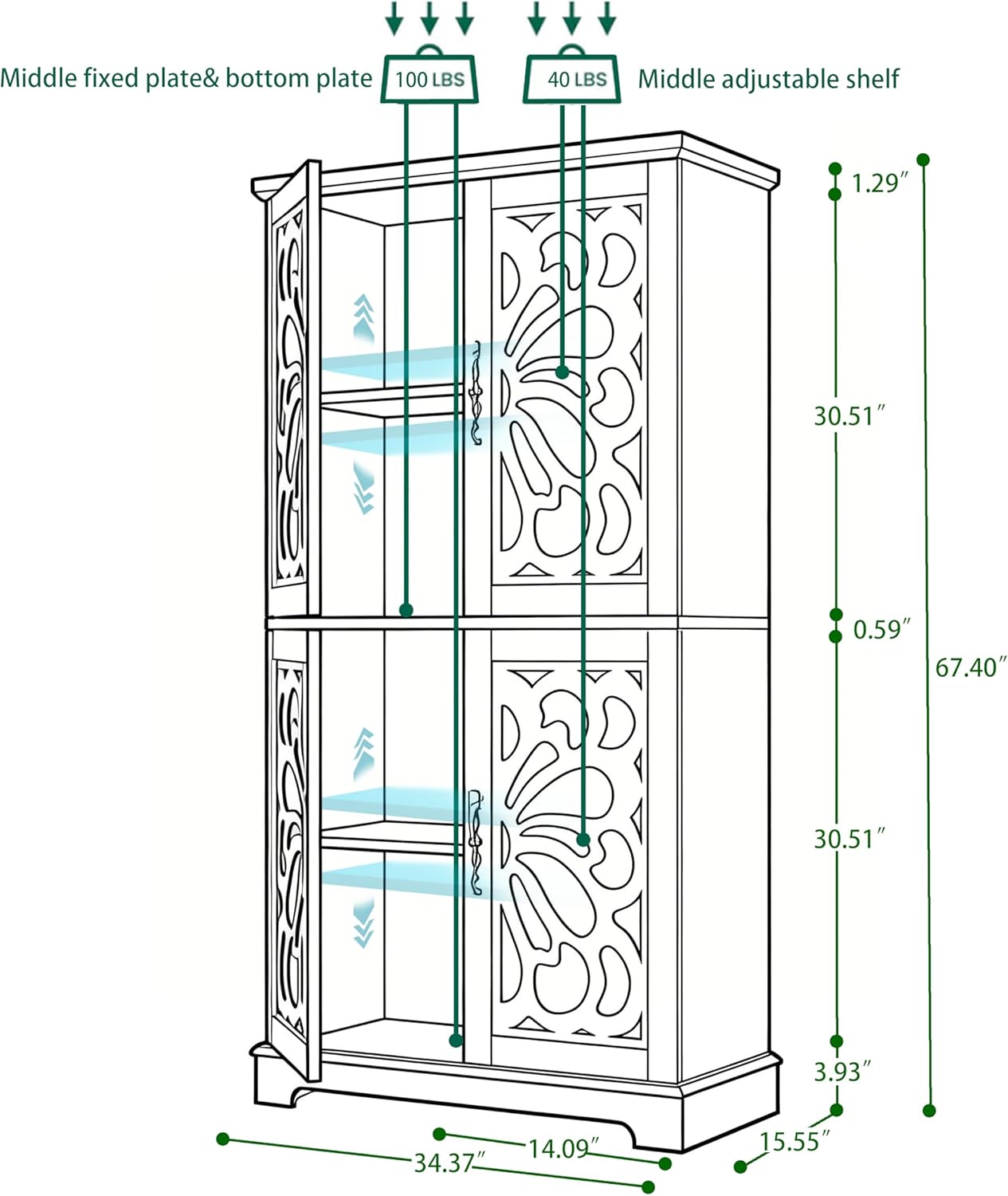 JIJIWANG Kitchen Pantry Storage Cabinet with Acrylic Mirrored Doors,Large Sideboard Buffet with Adjustable Interior Shelf,for Dining Room, Living Room, Hallway,Brown