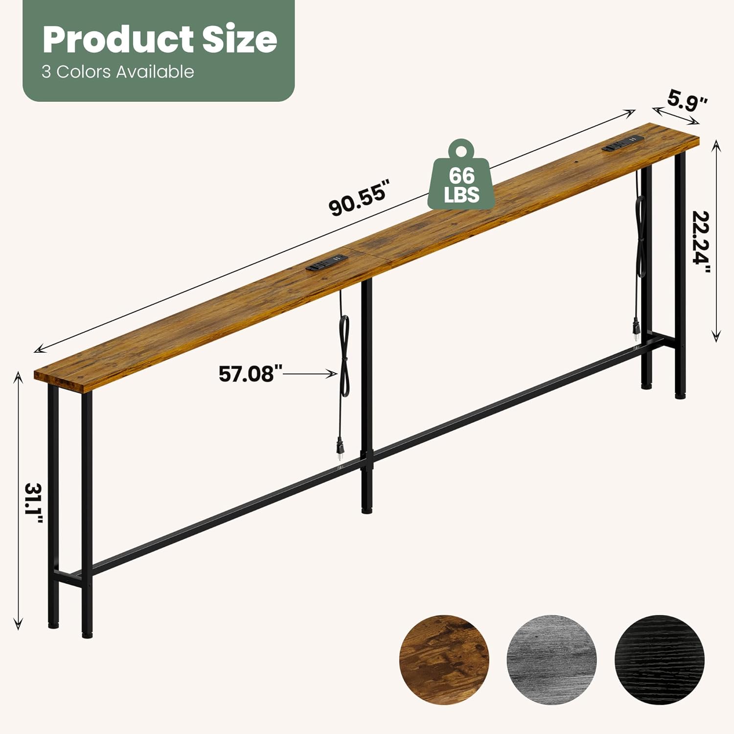 GRLEAF 90" Sofa Table with Built-in Power Strip (4 AC Outlets & 4 USB Ports) – 4.9ft Power Cord, Metal Frame, Easy Assembly, Long Couch Table Behind Sofa, Living Room and Home Office | Rustic Brown