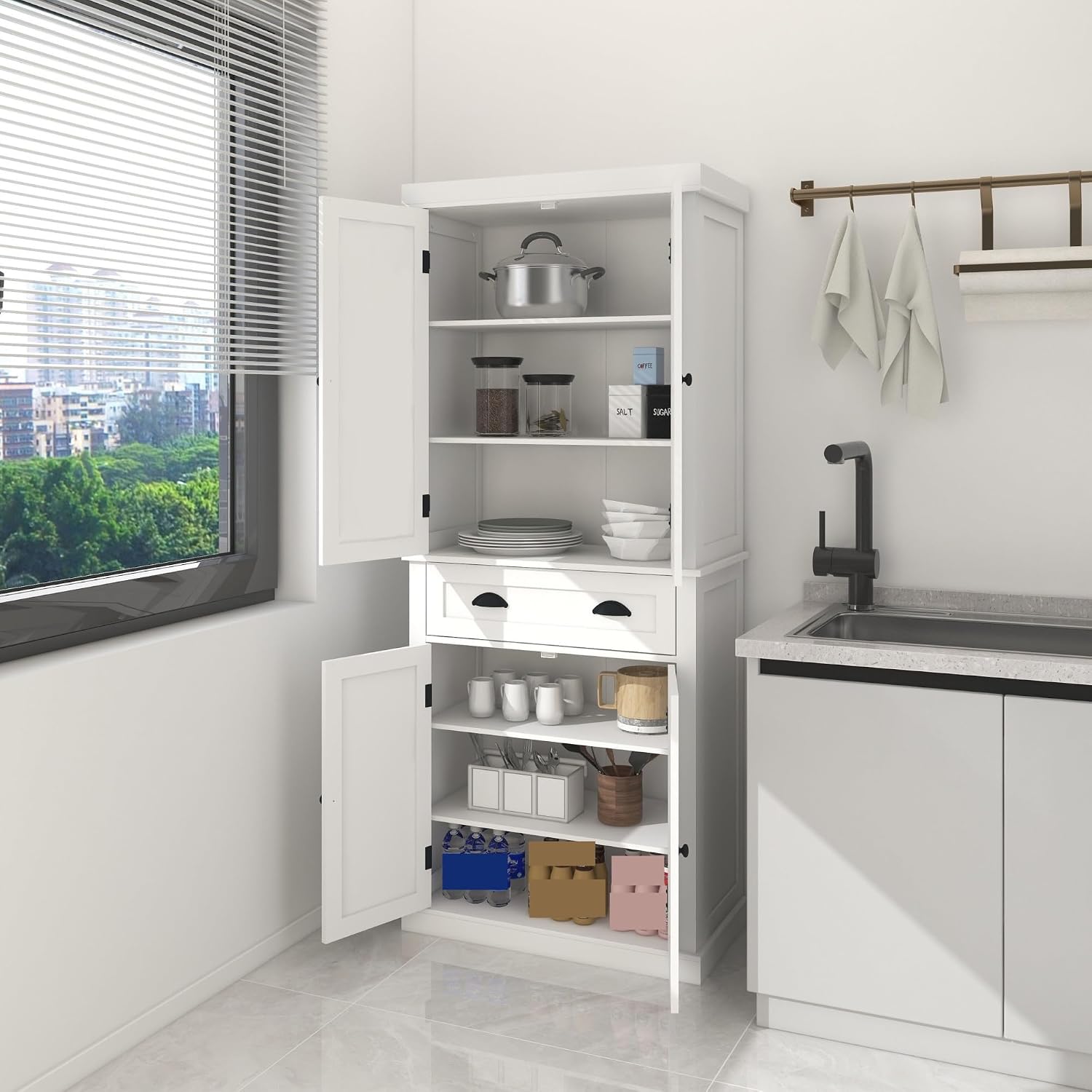 Modern Kitchen Pantry Storage Cabinet, 4 Doors and 2 Adjustable Shelves, for Dining Living Room,for Kitchen Home