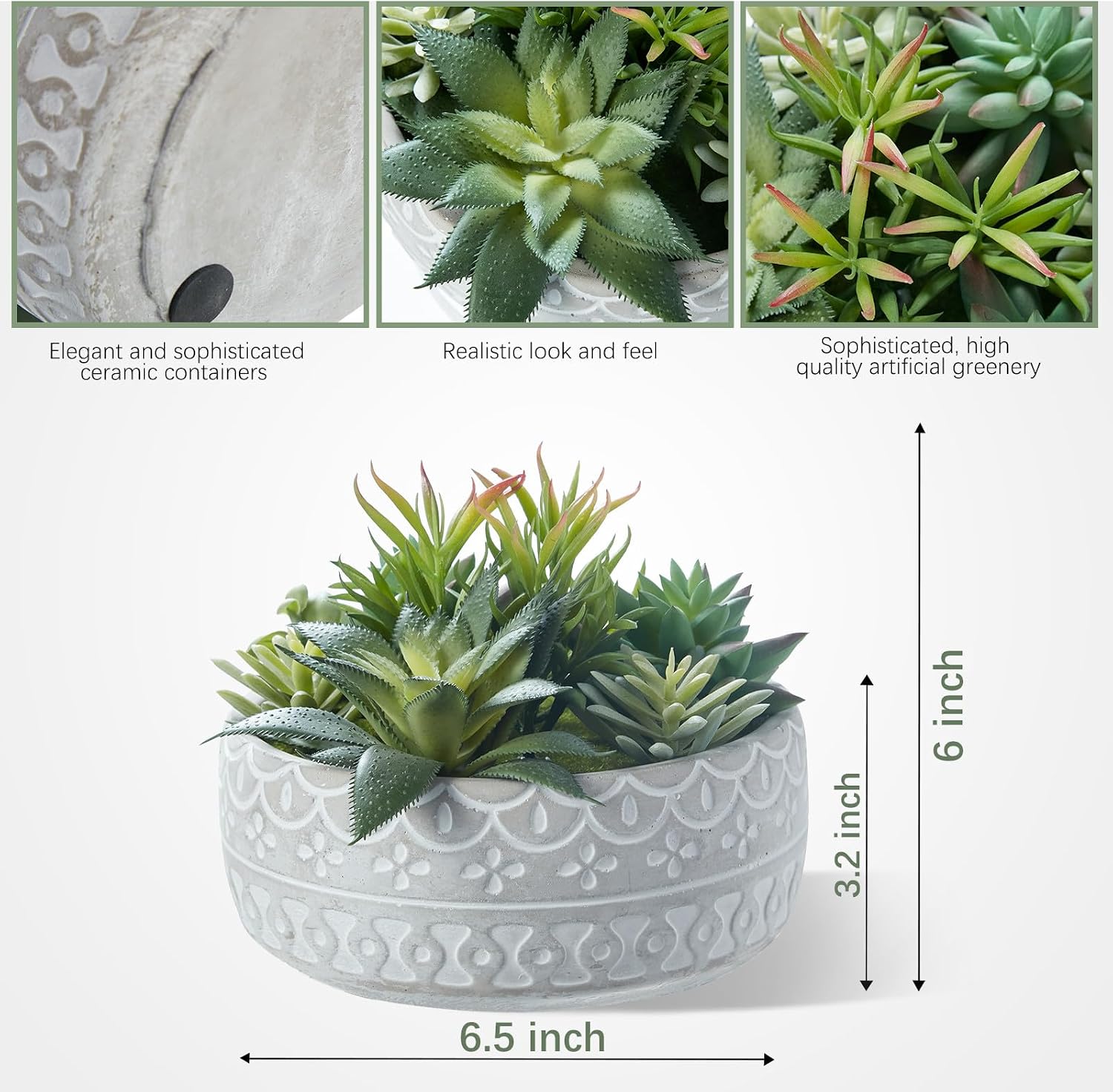 6inch Artificial Succulent Plants in Pots,Fake Succulents with Grey Textured Ceramic Pot for Home Office Desk Bathroom Coffee Table Decor