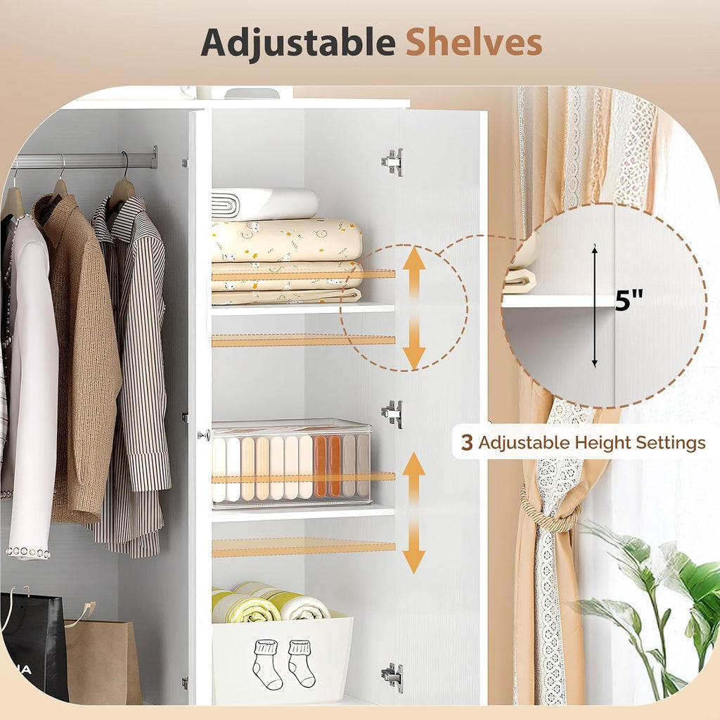 VINGLI Armoire Wardrobe Closet with Doors and Mirror,47"W Wardrobe Cabinet Wooden with Hanging Rod & Shelves Inside, 4 Door Bedroom Armoires with Drawers, Modern White Freestanding Armoire for Bedroom