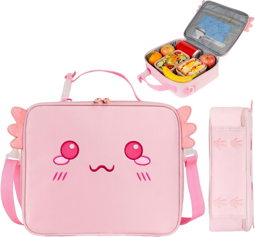 Insulated Axolotl Lunch Bag lonchera for Teen Girl Boy Kid Bento Box Reusable Large Capacity Portable Waterproof Leakproof with Name Tag to School Office Picnic Travel (1PCS Lunch Bag)