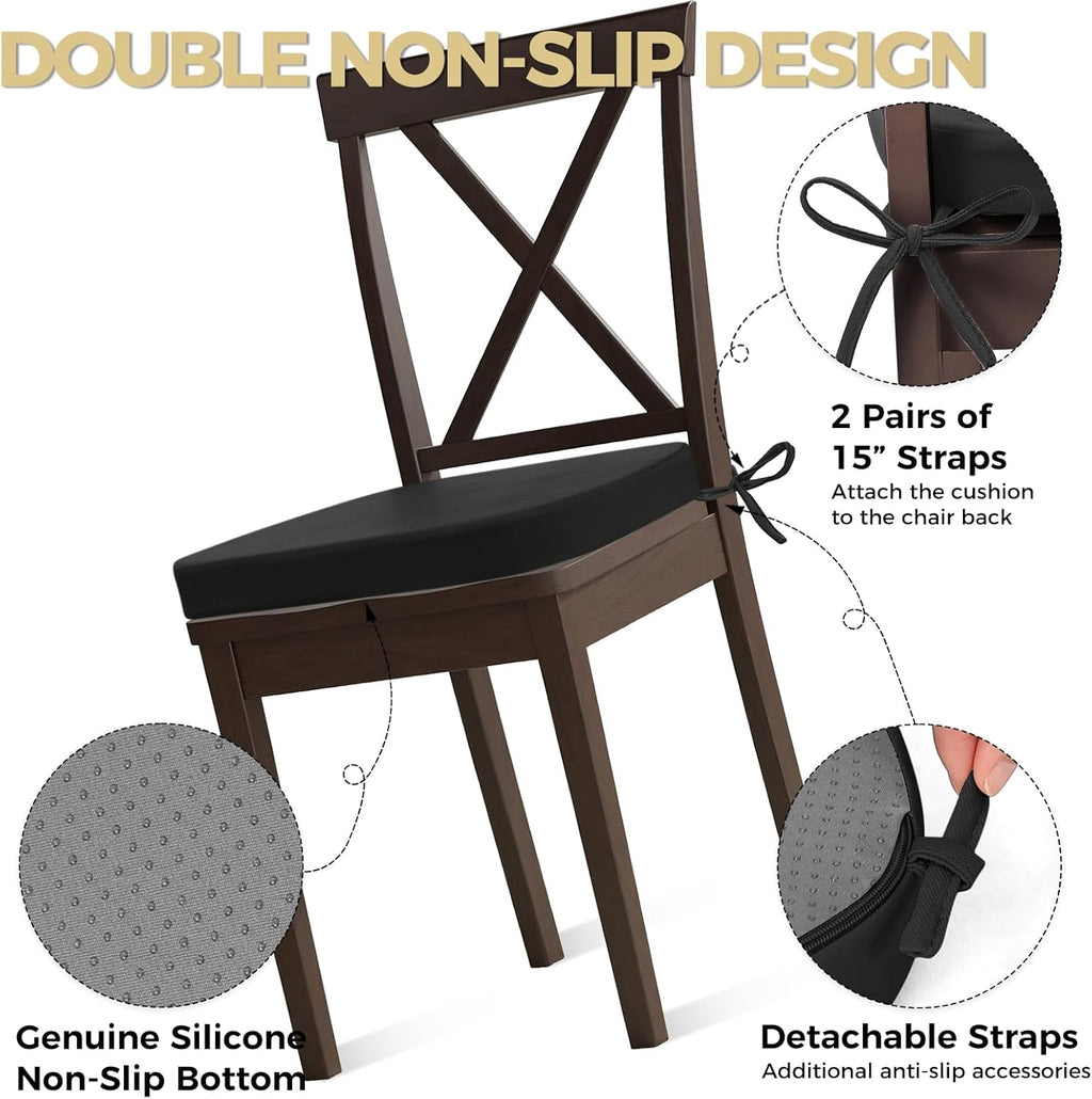 Shinnwa Chair Cushions for Dining Chairs 4 Pack, Faux Leather Kitchen Chair Cushions with Waterproof Cover and Non-Slip Bottom, Set of 4, 17x16x2in, Black