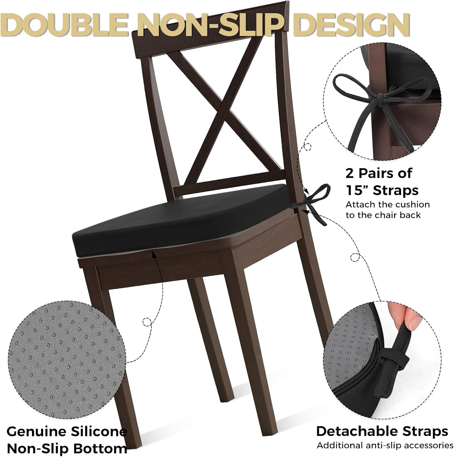 Shinnwa Chair Cushions for Dining Chairs 4 Pack, Faux Leather Kitchen Chair Cushions with Waterproof Cover and Non-Slip Bottom, Set of 4, 17x16x2in, Black