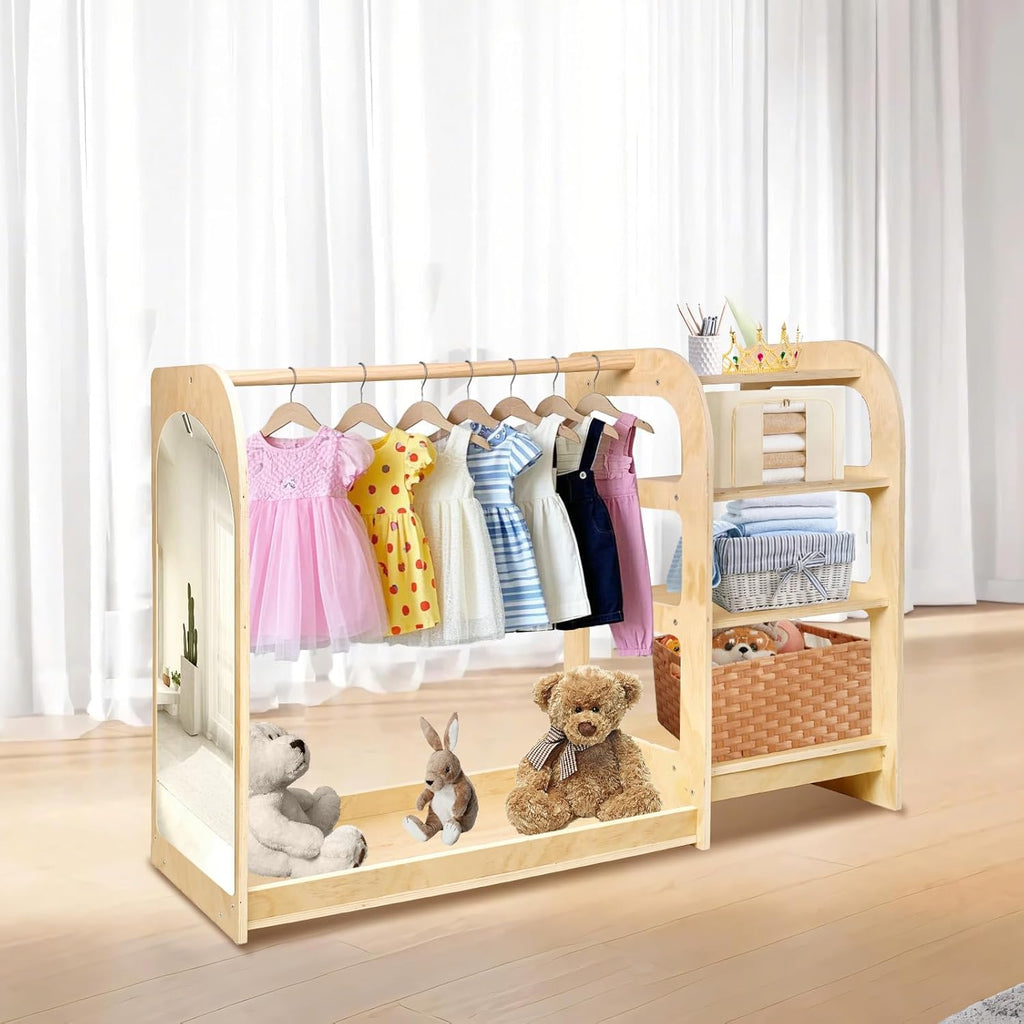 homegroove Kids Dress Up Storage with Mirror, 31.5 Inch Kids Wardrobe Closet with Storage Shelf for Little Girls and Boys, Wooden Costume Organizer for Bedroom Classroom Playroom Furniture