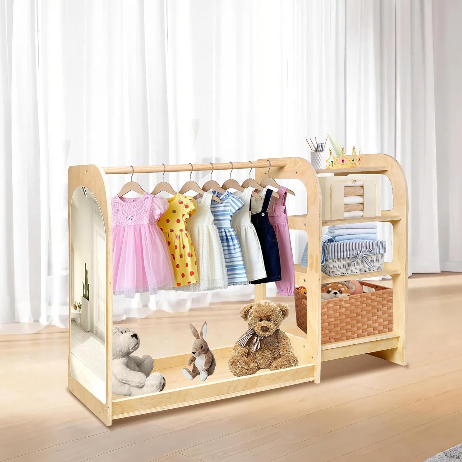 homegroove Kids Dress Up Storage with Mirror, 31.5 Inch Kids Wardrobe Closet with Storage Shelf for Little Girls and Boys, Wooden Costume Organizer for Bedroom Classroom Playroom Furniture
