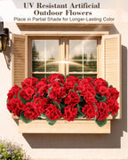 Artificial Flowers for Outdoors – 6 Bundles of UV-Resistant Artificial Geraniums, Realistic Silk Flowers for Front Porch, Patio, Garden, Window Boxes & Hanging Baskets (red, 6)