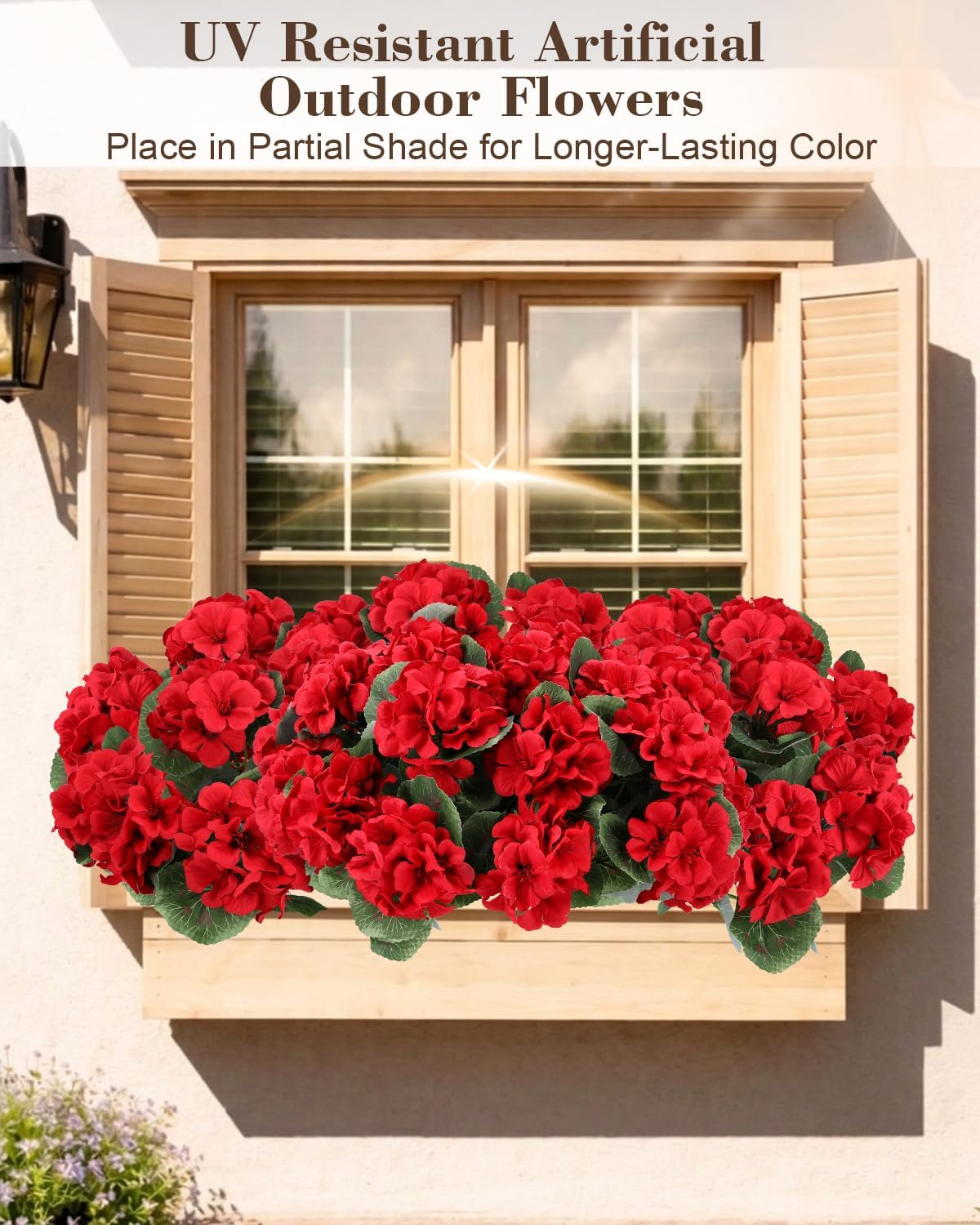 Artificial Flowers for Outdoors – 6 Bundles of UV-Resistant Artificial Geraniums, Realistic Silk Flowers for Front Porch, Patio, Garden, Window Boxes & Hanging Baskets (red, 6)