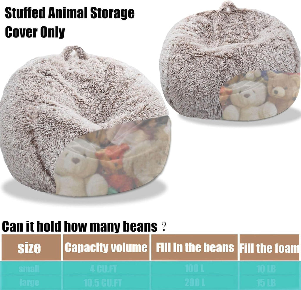 Fluffy Stuffed Animal Storage Bean Bag Chair Cover (No Filler), Faux Fur Comfy Bean Bag Cover for Organizing Plush Toys or Textile, for Adults Teens Kids Girls, Beige