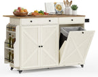 VASAGLE Mobile Kitchen Island with Trash Can Storage, Drop Leaf, Portable Island with Spice Rack, Mobile Cart with Storage Cabinet, for Dining Room, Rustic White and Honey Brown UKKI014WJ01S
