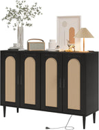 Patikuin Rattan Sideboard Buffet Cabinet, Boho Accent Storage Cabinet, 4 Doors Console Table Coffee Bar with Power Outlet, Adjustable Shelves for Kitchen, Dining Room, Hallway, Living Room (Black_1)