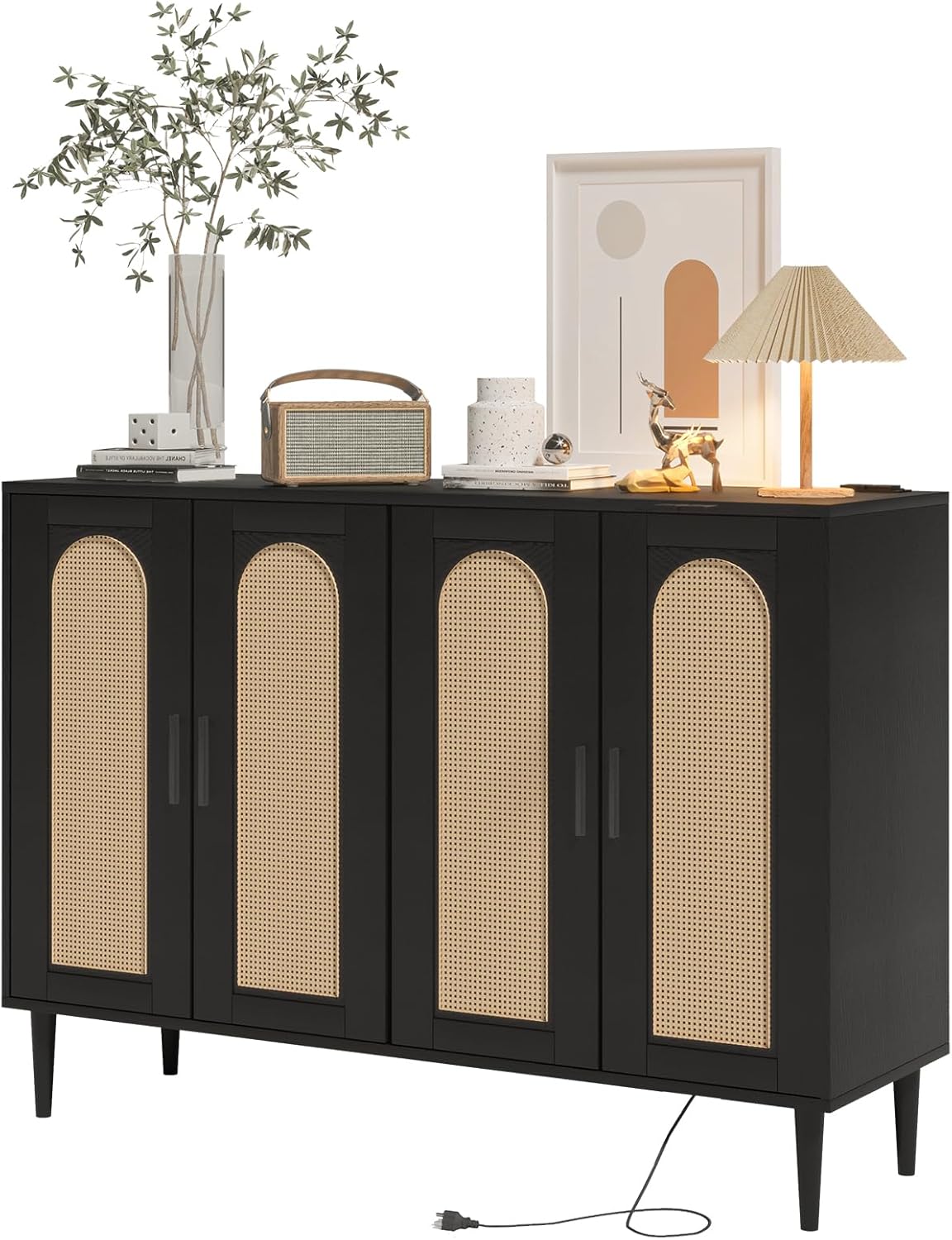 Patikuin Rattan Sideboard Buffet Cabinet, Boho Accent Storage Cabinet, 4 Doors Console Table Coffee Bar with Power Outlet, Adjustable Shelves for Kitchen, Dining Room, Hallway, Living Room (Black_1)