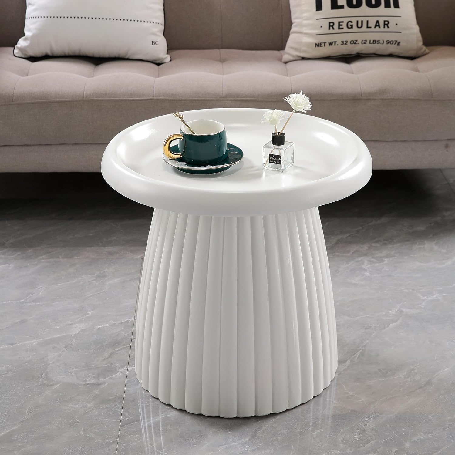 Henf 19.69" Round End Table for Indoor Outdoor, Fluted Pedestal Base, Magnesium Oxide, Waterproof, Unique Design MGO Accent Side Table Night Stand Bedside Table for Living Room Bedroom, White
