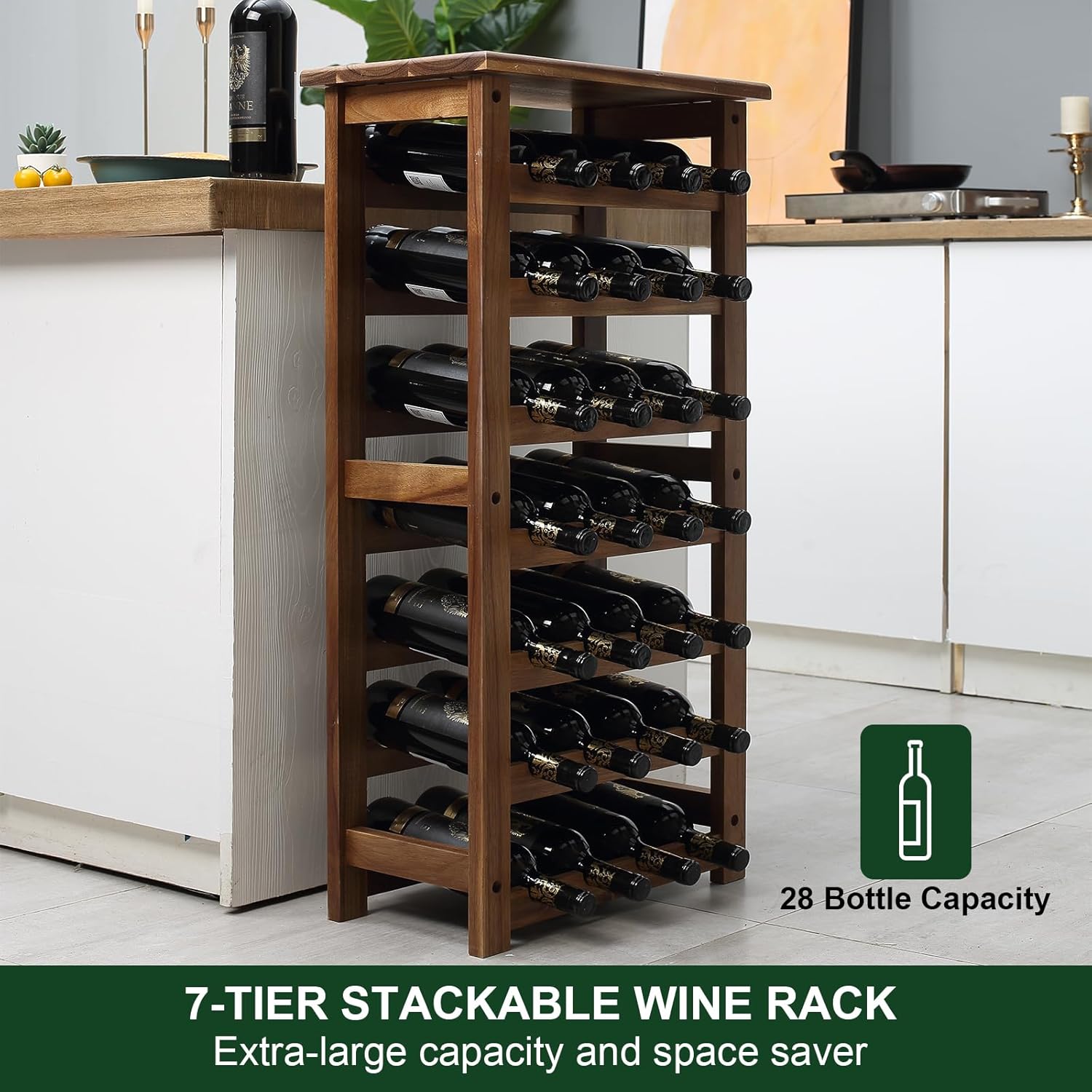everous 28-Bottle Wine Rack, 7-Tier | Acacia Wood, Freestanding, Organizer