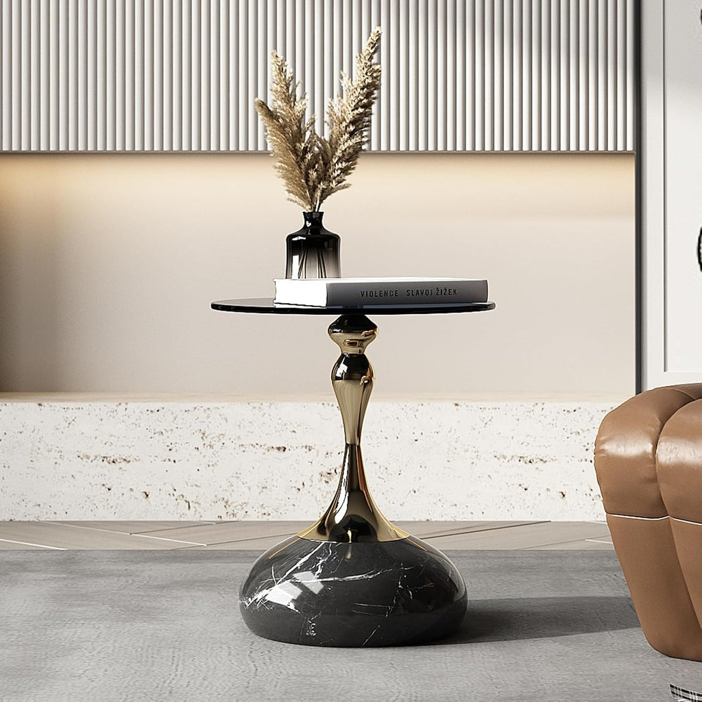 Lartis 10mm Gray Tempered Glass Side Table with Marble-Finish Base & Nano-Coated Pole - Weighted Accent Table for Living Room, Bedroom, Balcony (Gold/Black)