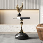 Lartis 10mm Gray Tempered Glass Side Table with Marble-Finish Base & Nano-Coated Pole - Weighted Accent Table for Living Room, Bedroom, Balcony (Gold/Black)