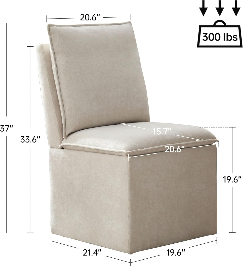 VKNOW Upholstered Dining Chairs, Modern Rolling Chairs with Storage and Wheels, Linen Armless Chair with Cushion and Backrest, Dining Room Chairs for Living Room Kitchen Bedroom, Beige