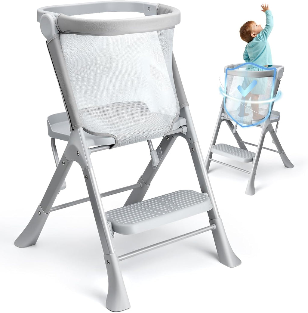 Toddler Tower with Safety Net, 2-Steps Step Stool Standing Tower with Anti-Drop Safty Railing for Kitchen Counter Bathroom Sink Learning, Kitchen Helper for Kids Ages 3 to 6 Years