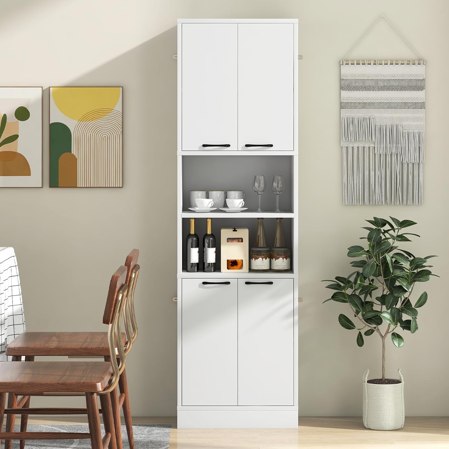 Kitchen Pantry Cabinet, Dining Room Cupboard with 4 Doors & 2 Open Countertop, 4 Anti-Tipping Devices, 75” Tall Bathroom Storage Cabinets (White)