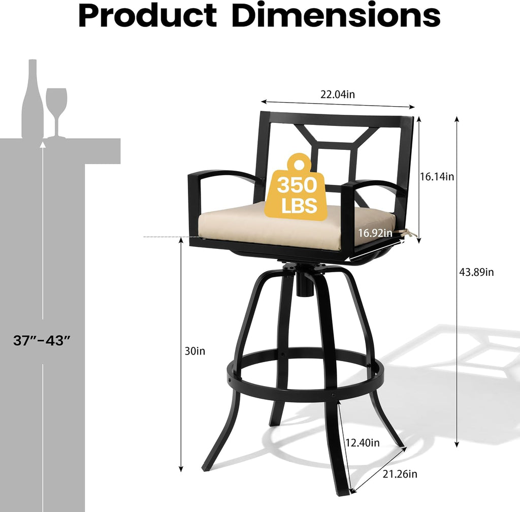 Pellebant 30" Sunbrella Outdoor Bar Stools Set of 2, Aluminum Swivel Patio Bar Height Barstools with Back & Footrest, All-Weather Patio Barstools for Deck Lawn Garden, Beige
