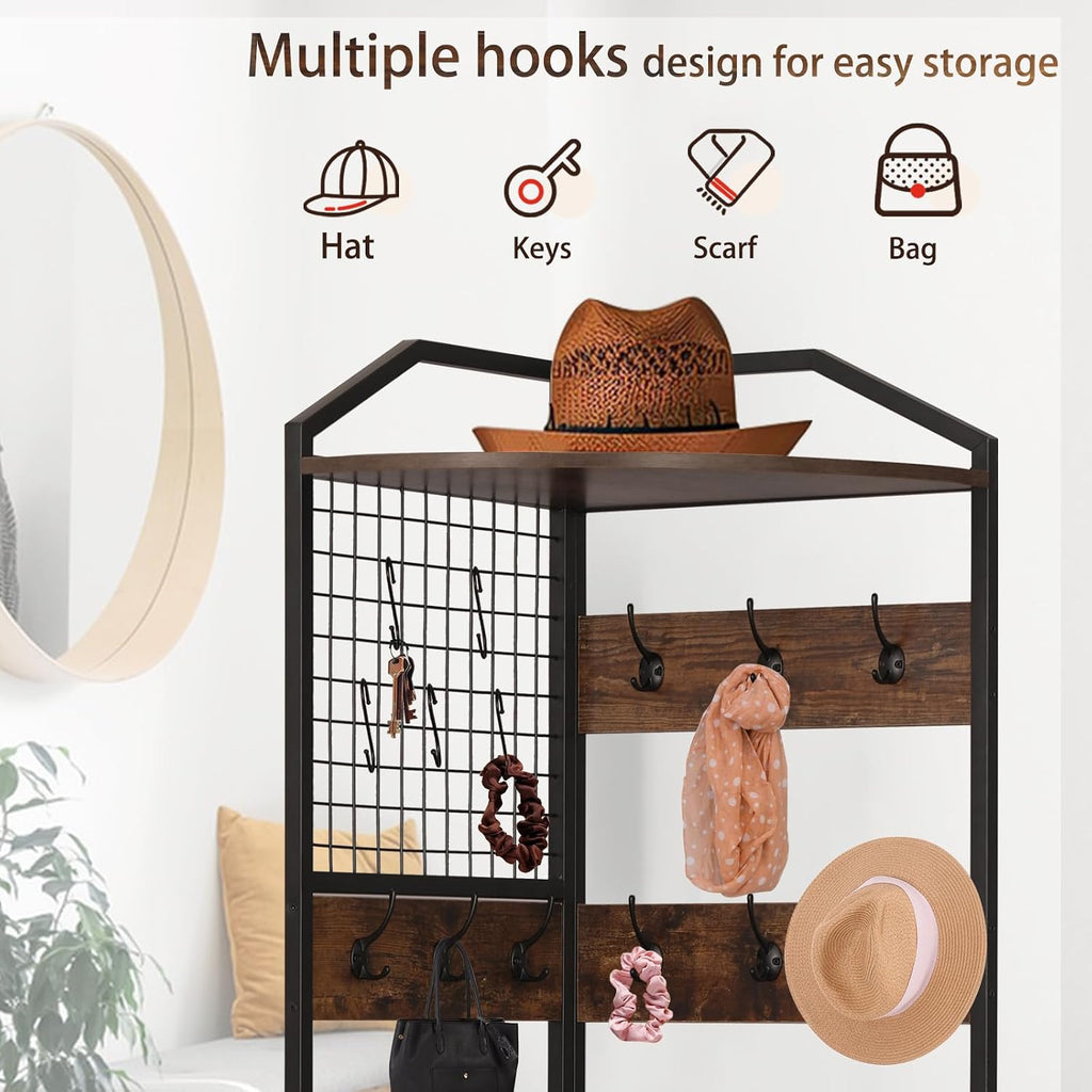 Corner Coat Rack, Coat Rack with Shoe Storage, Hall Tree with Bench and Shoe Storage, Freestanding Shelves with 14 Hook for Entryway, Hallway,Bedroom (Corner)