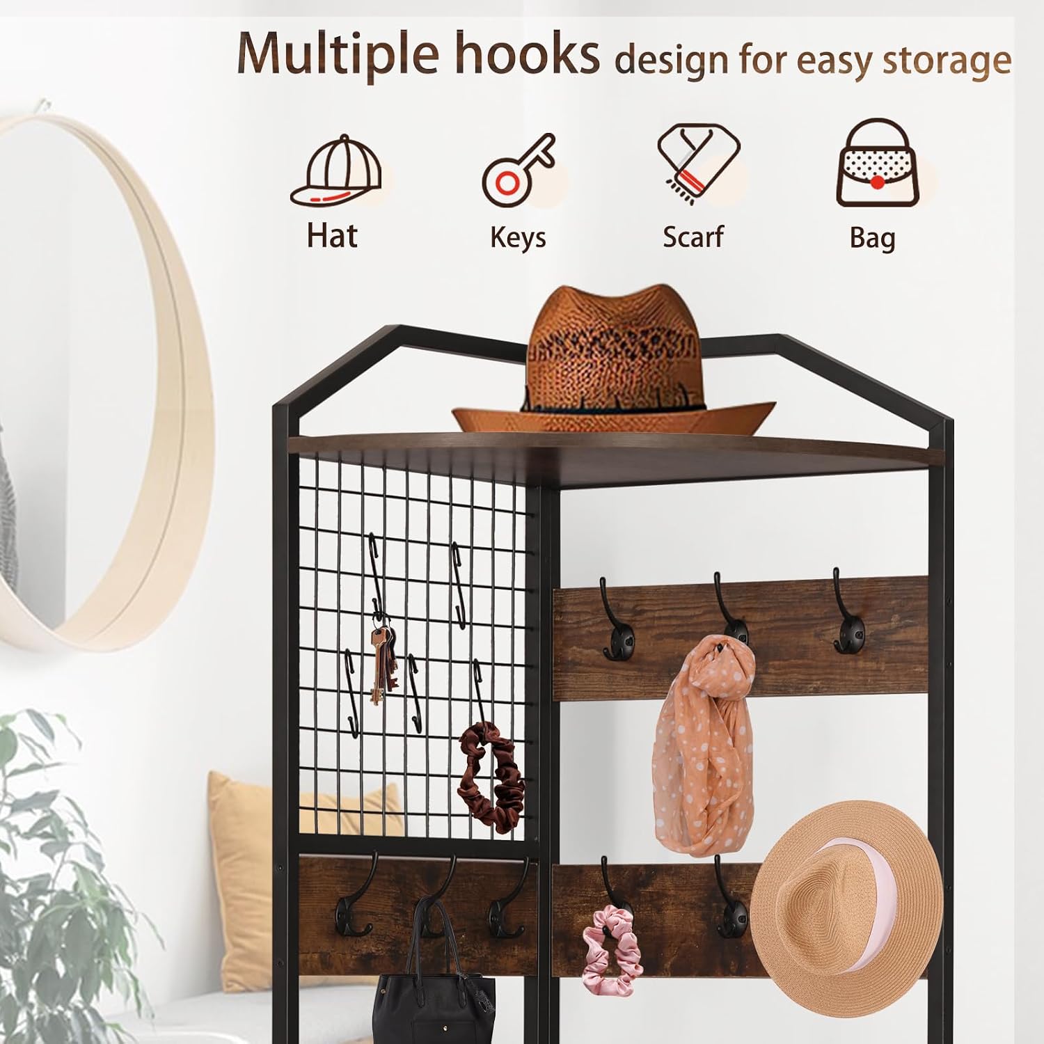Corner Coat Rack, Coat Rack with Shoe Storage, Hall Tree with Bench and Shoe Storage, Freestanding Shelves with 14 Hook for Entryway, Hallway,Bedroom (Corner)