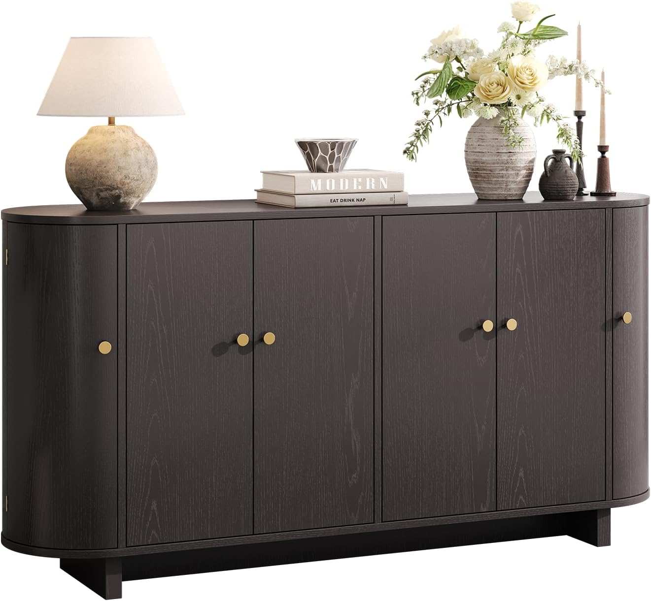 ONBRILL 63 Inch Sideboard Buffet Cabinet, Modern Oval Cabinets with Doors, Large Buffet Cabinets with Storage, Console Credenza w/Adjustable Shelves for Living Room, Kitchen, Entryway, Black