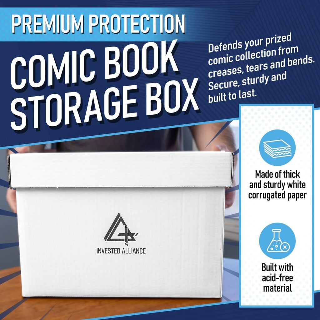 Invested Alliance Bundle Set Premium Short Comic Book Storage Box Organizer with Lid | Thick Cardboard Comic Storage Box For Collectibles Fits 150-175 Current/Silver Age, Heavy Duty & Stackable.
