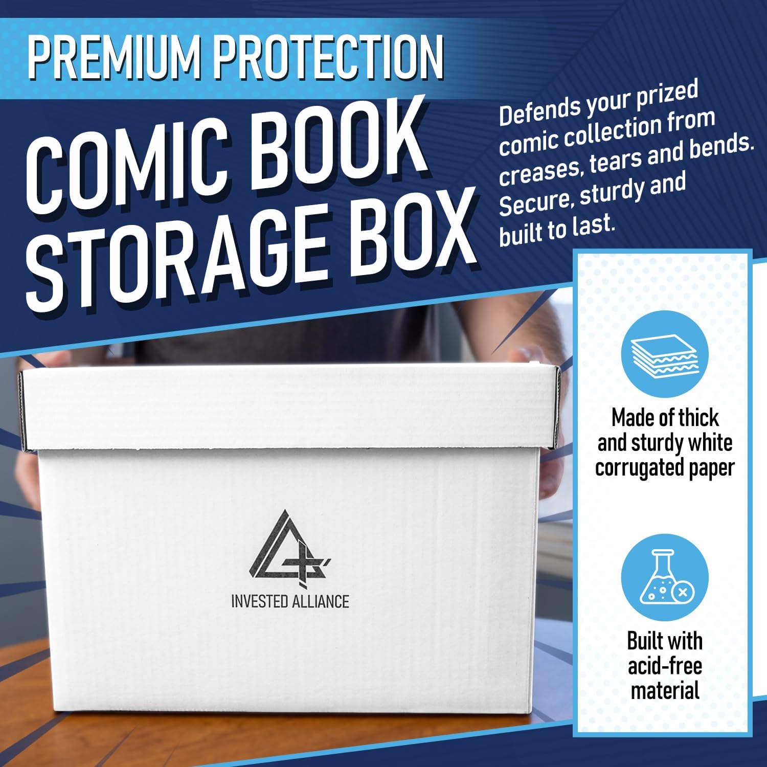 Invested Alliance Bundle Set Premium Short Comic Book Storage Box Organizer with Lid | Thick Cardboard Comic Storage Box For Collectibles Fits 150-175 Current/Silver Age, Heavy Duty & Stackable.