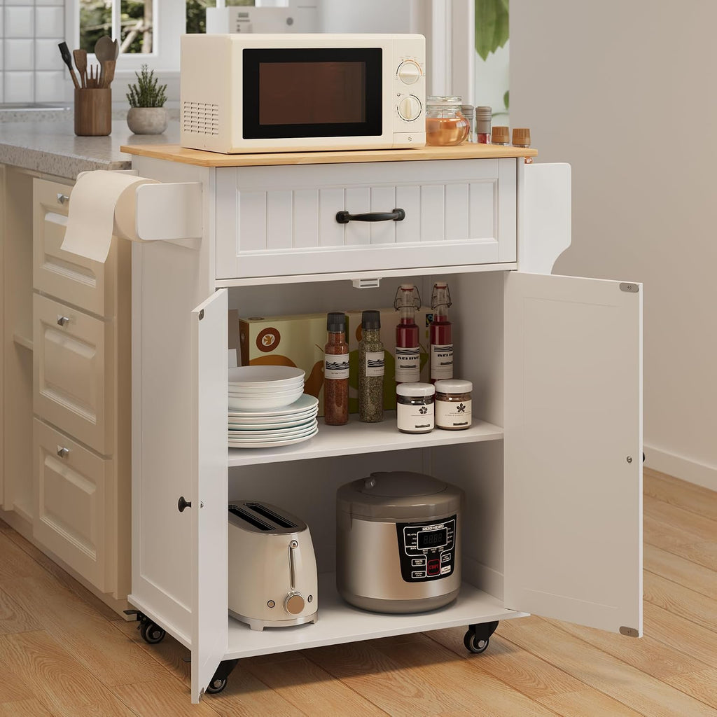 Gizoon Kitchen Island Cart with Adjustable Shelf | Drawer & Storage Cabinet, Spice Rack & Towel Rack, for Dining Room, Bar, White, Tabletop-oak color