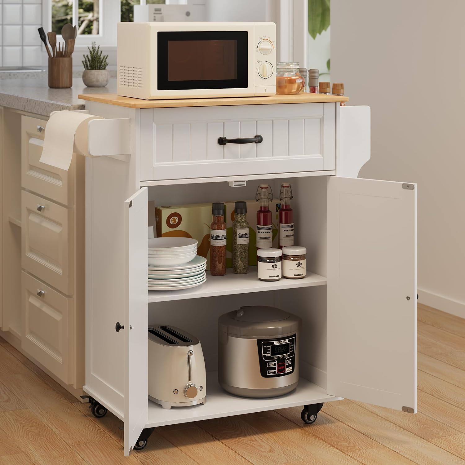Gizoon Kitchen Island Cart with Adjustable Shelf | Drawer & Storage Cabinet, Spice Rack & Towel Rack, for Dining Room, Bar, White, Tabletop-oak color