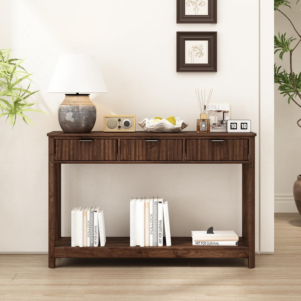RUSTOWN Fluted Wood Console Table with 3 Drawers, 47.2" Boho Entryway Table | Narrow Behind Couch Sofa Table, Open Storage Shelf, Curved legs, 2 Tier Modern Farmhouse Hallway Table for Living Room, Foyer