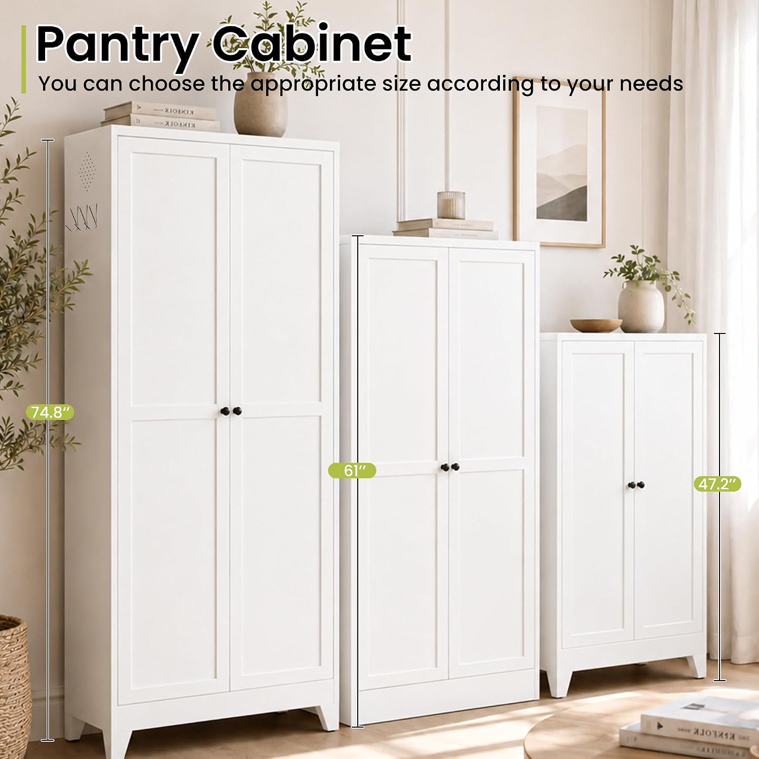 AQY 75" Pantry Cabinet, White Freestanding Storage Cabinet with 5 Adjustable Shelves, Metal Pantry Cupboard with Ventilation Design & Hanging Hooks, 2-Door Kitchen Organizer for Living Room Kitchen