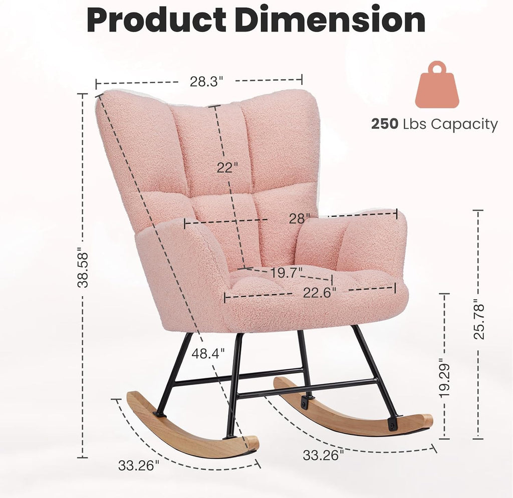 DUMOS Rocking Chair Nursery Teddy Upholstered Gliders Rocker Accent Reading Recliner Thick Padded Seat Ergonomic Modern with High Backrest Armchair Comfy Side for Living Room Bedroom Office Balcony