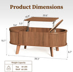 Oval Fluted Coffee Table with Lift Top, Mid Century Modern Coffee Table with 3 Hidden Storage, 39.4" Farmhouse Center Tables for Living Room Home Office, Walnut