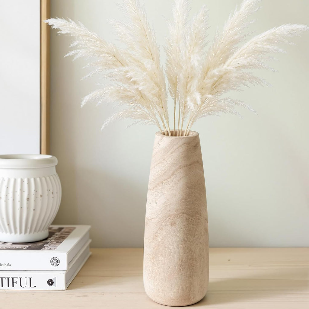 Natural Wood Vase for Dried Flowers - 9 Inch Decorative Wooden Vase, Warm Neutral Farmhouse Boho Decor for Living Room Bedroom Table Shelf