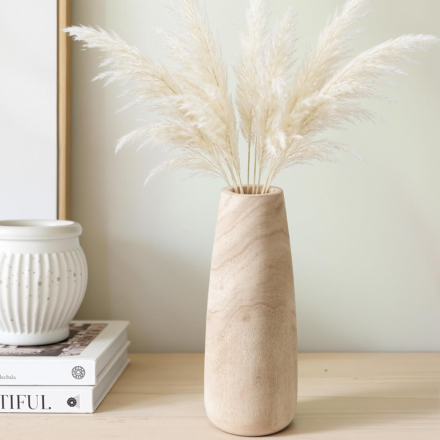 Natural Wood Vase for Dried Flowers - 9 Inch Decorative Wooden Vase, Warm Neutral Farmhouse Boho Decor for Living Room Bedroom Table Shelf