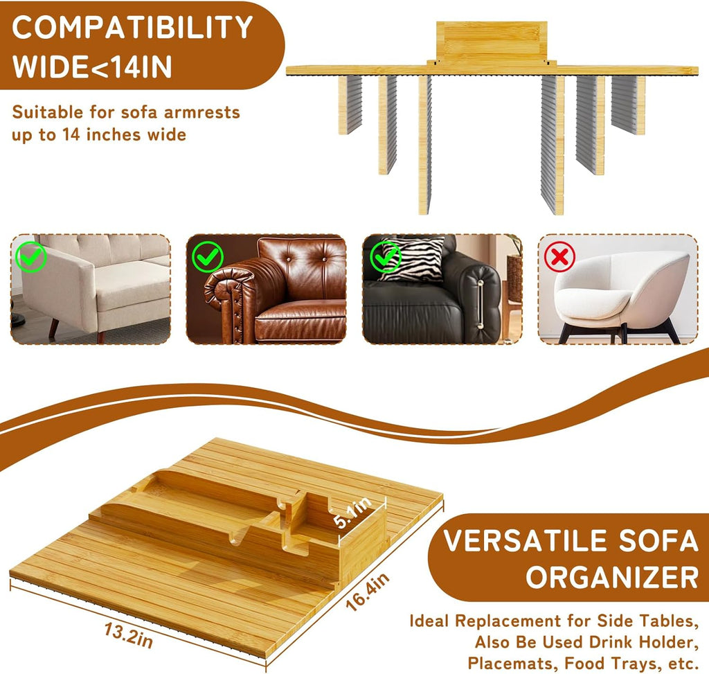 Bamboo Sofa Arm Tray 2-in-1 Couch Armrest Table with Detachable Cup Holder, Foldable Anti-Slip Sofa Tray for Drinks, Phone, Remote & Snacks, Fits 4.5" 14" Armrests