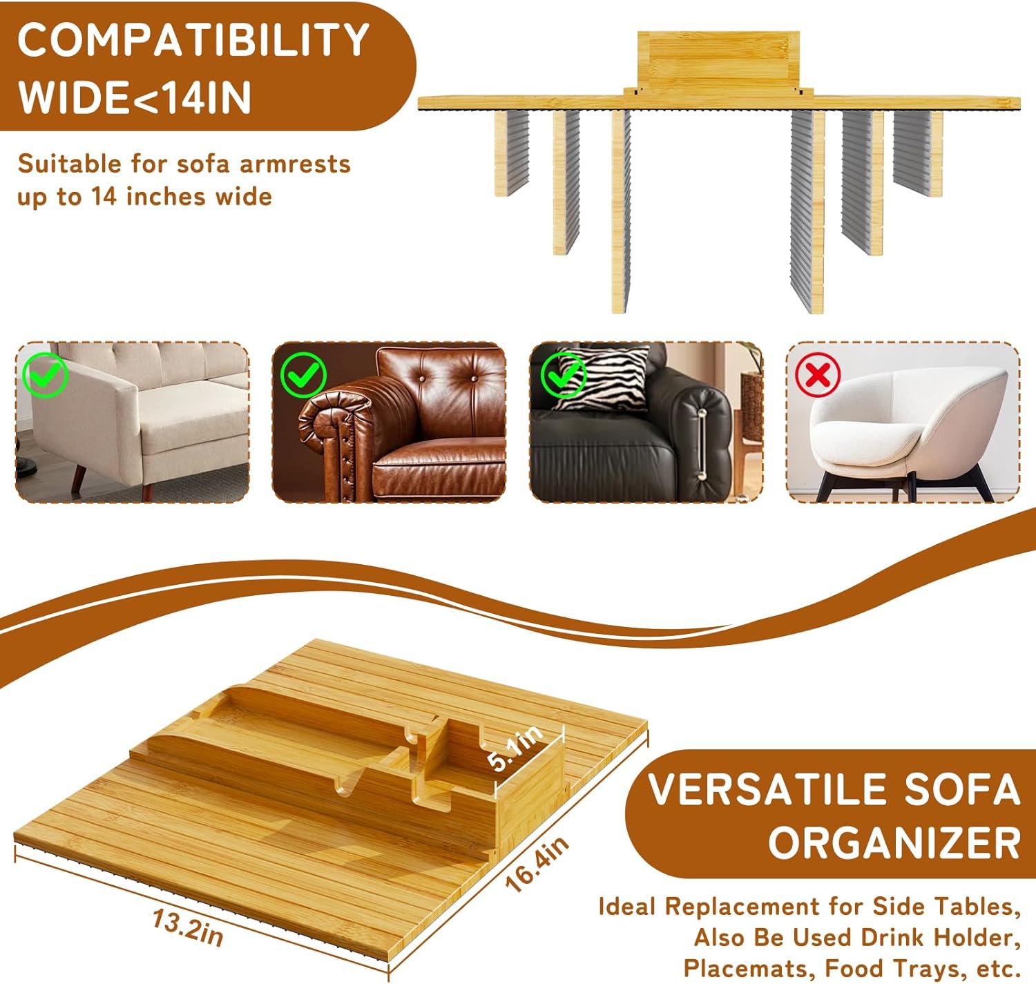Bamboo Sofa Arm Tray 2-in-1 Couch Armrest Table with Detachable Cup Holder, Foldable Anti-Slip Sofa Tray for Drinks, Phone, Remote & Snacks, Fits 4.5" 14" Armrests