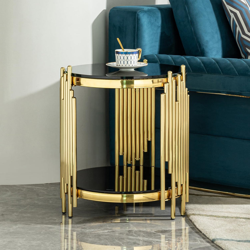 17.72" Round Sofa Side Table, 2-Tier Black Tempered Glass End Table with Gold Stainless Steel Frame for Living Room, Office & Café