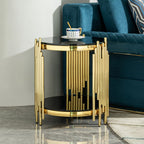 Set of 2 Modern Luxury 2-Tier Round End Tables, Black Tempered Glass Tops, Gold Stainless Steel Frames, Small Elegant Side Tables for Living Room, Bedroom, Office, or Café