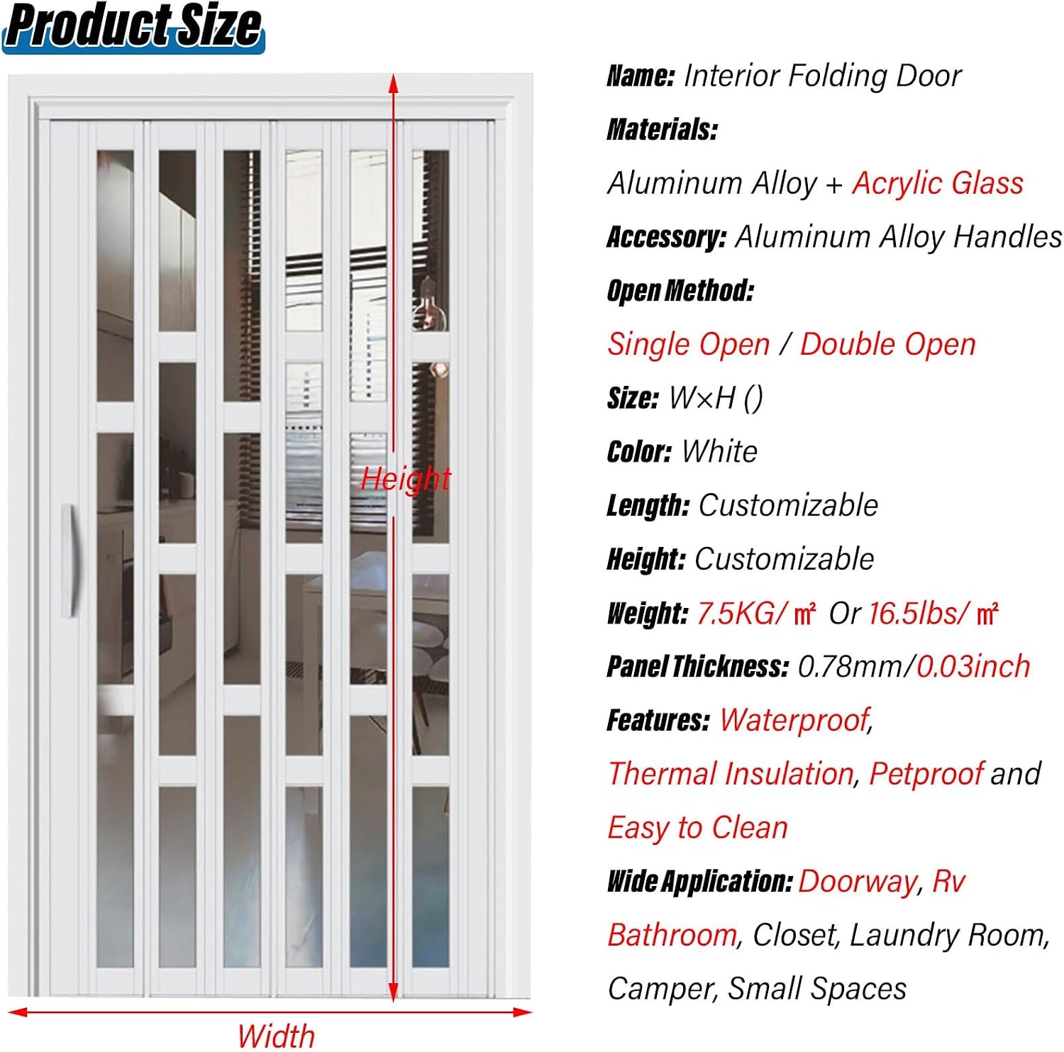 Accordion Folding Door, White Aluminum Alloy Foldable Interior Sliding Door, Room Divider with Top Track for Bathroom Bedroom Kitchen Hallway Doorway