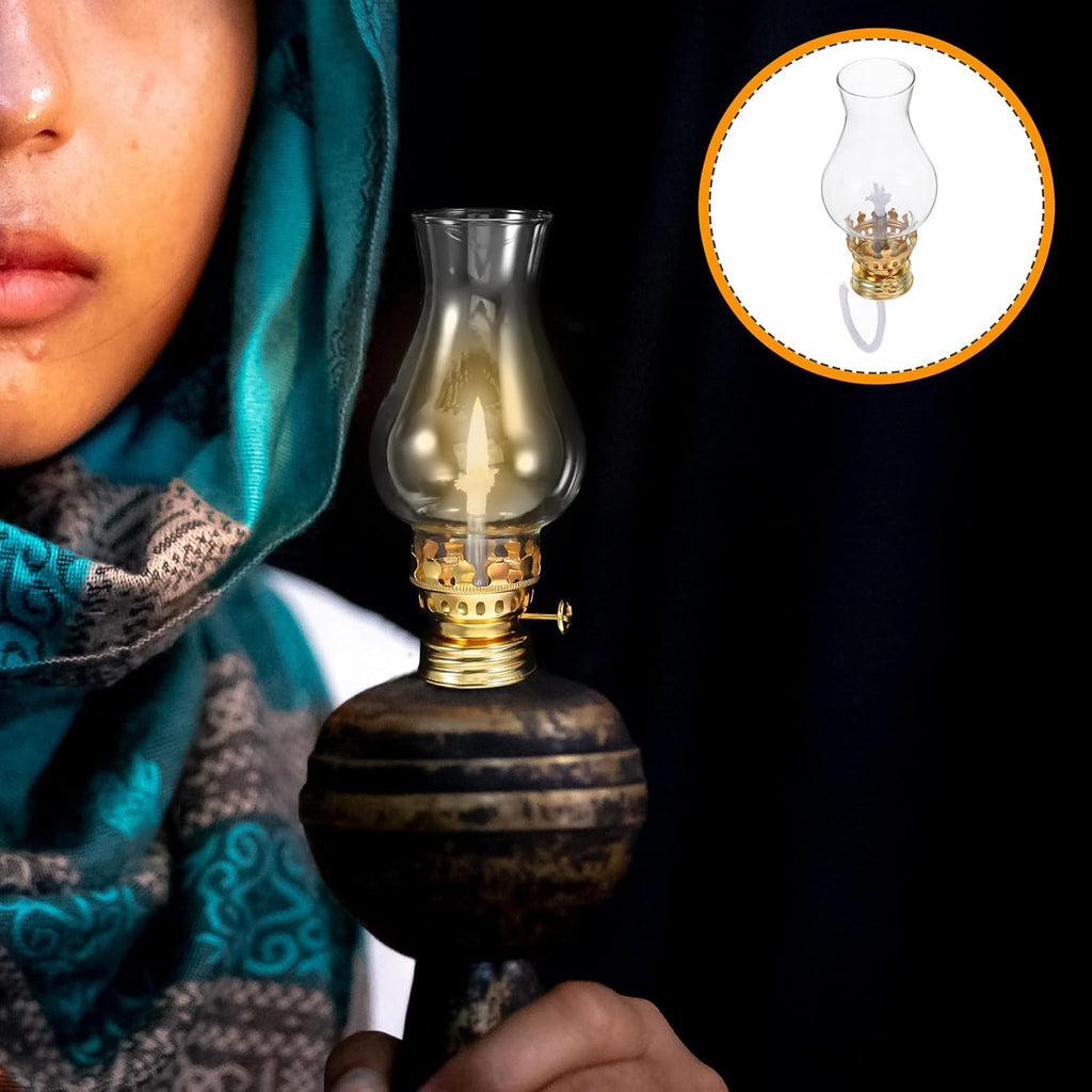 TIDTALEO Vintage Glass Oil Lamp Chimney Replacement with Metal Wick Adjuster, Kerosene Lantern Globe Accessory, Gold Tone, Suitable for Indoor Use and Camping –